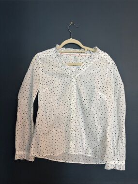 Boden White Blouse with Black Polka Dots and Ruffle Trim